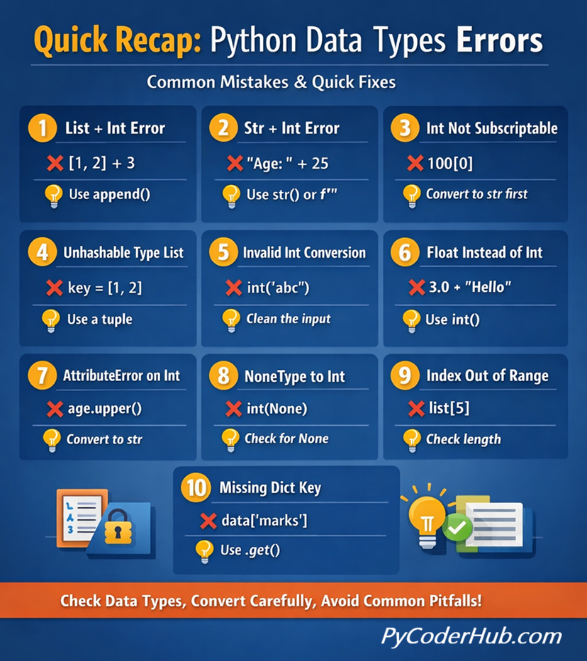 Visual infographic showing Python Data Types Errors with common mistakes and quick fixes for each error type