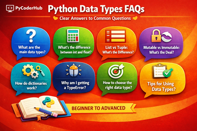 Python Data Types FAQs infographic showing common questions and simple answers about Python data types