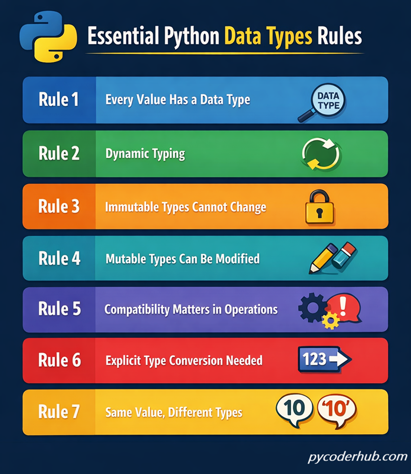 python data types rules infographic showing all 7 rules including dynamic typing mutability and type conversion