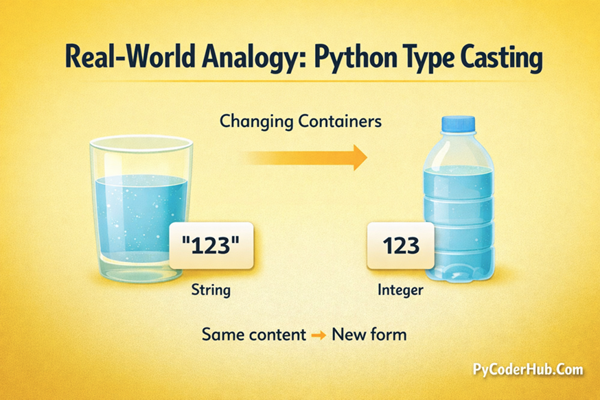 Real-world analogy of Python type casting showing conversion from string "123" to integer 123 using container transformation concept