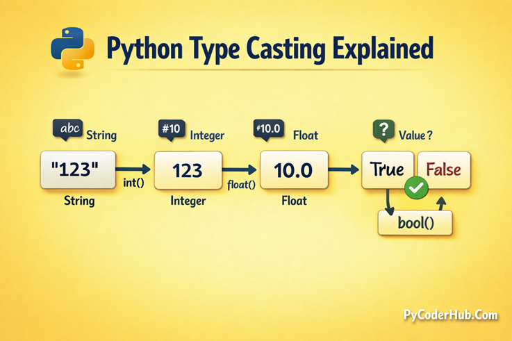 Python Type Casting Explained with type conversion examples using int, float, str and bool in Python