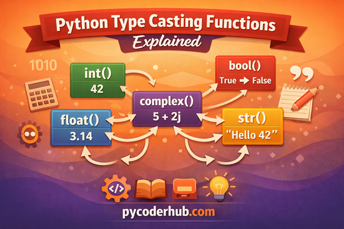 Python type casting functions diagram showing int float complex bool and str conversions