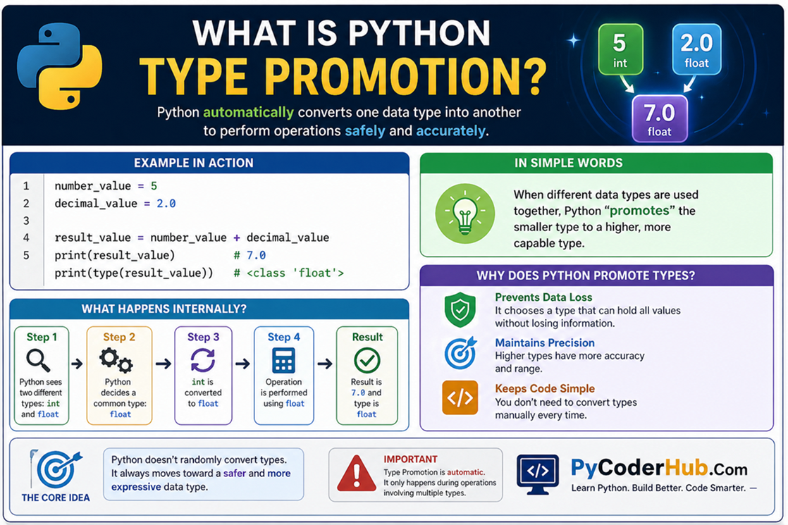 Python Type Promotion showing implicit type conversion and type hierarchy with example