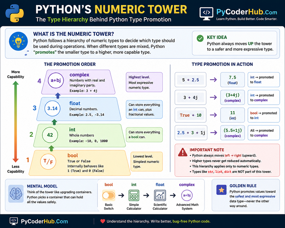 Python Type Promotion numeric tower showing type hierarchy from bool to complex