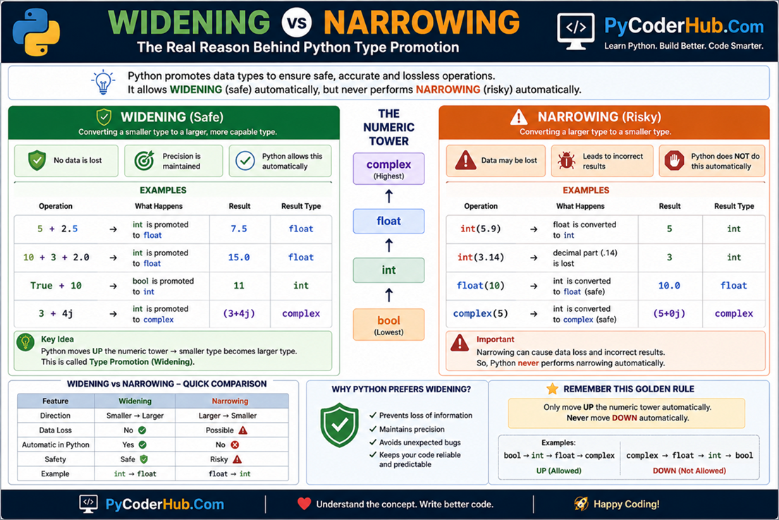 Python Type Promotion widening vs narrowing showing implicit type conversion and safe vs risky conversions
