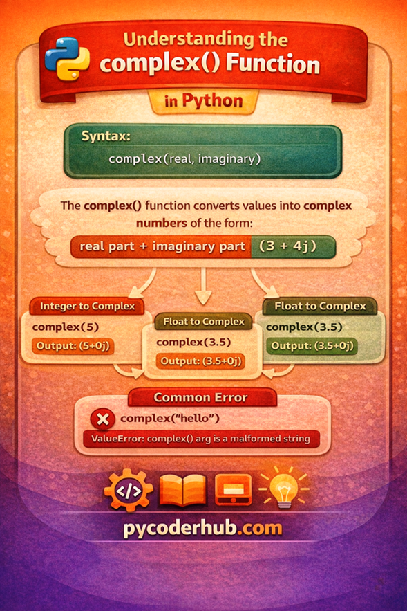 Python complex function type casting example showing real and imaginary number conversion and common errors