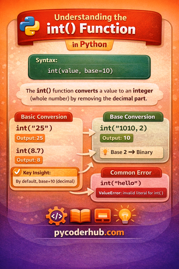 Python int function type casting example showing conversion base 10 binary and common errors