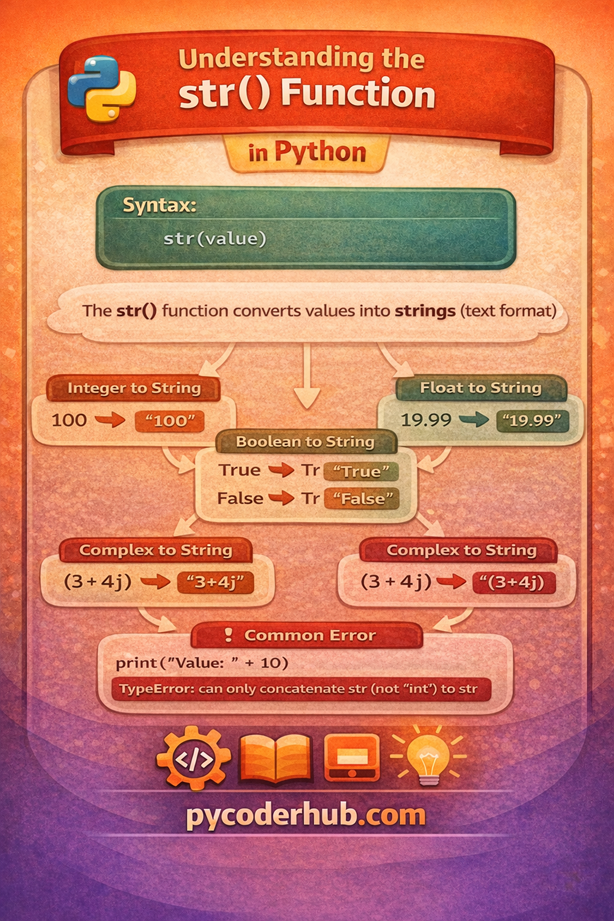 Python str function type casting example showing conversion of numbers boolean and complex values into string