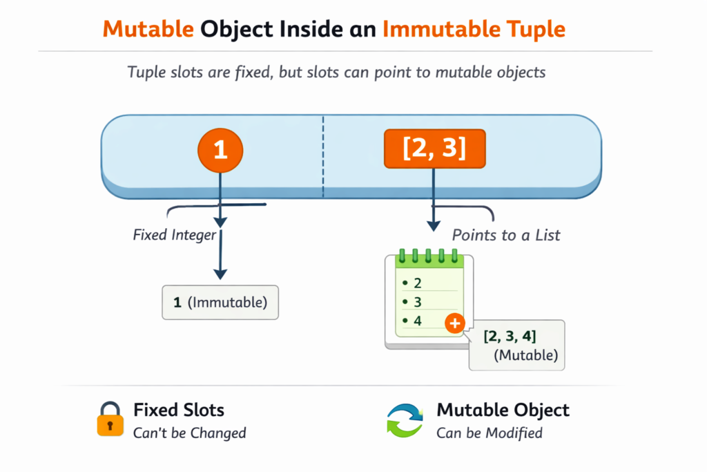 tuple immutability in python showing mutable list inside immutable tuple concept diagram