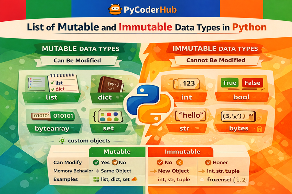 mutable vs immutable in python data types visual comparison showing list dict set and int str tuple differences