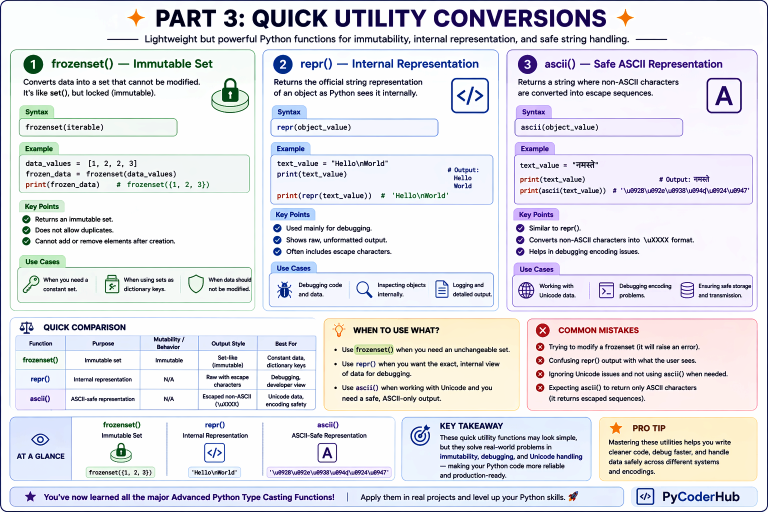 Advanced Python Type Casting Functions infographic showing frozenset repr ascii with examples and use cases for debugging and immutability