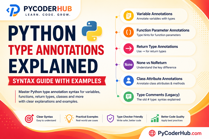 Python Type Annotations Explained showing variable annotations, function annotations, and return type syntax in Python