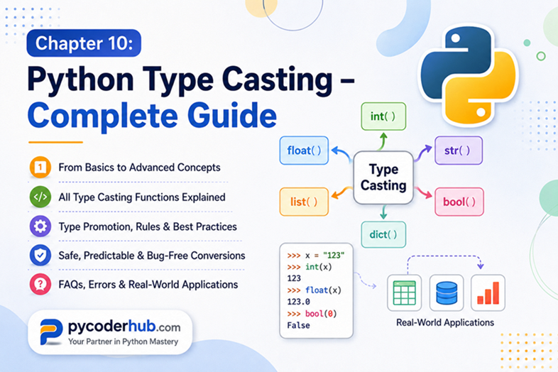 Python Type Casting Complete Guide feature image showing Python conversion functions like int(), float(), str(), bool(), list(), and dict() with real-world application examples for beginners.