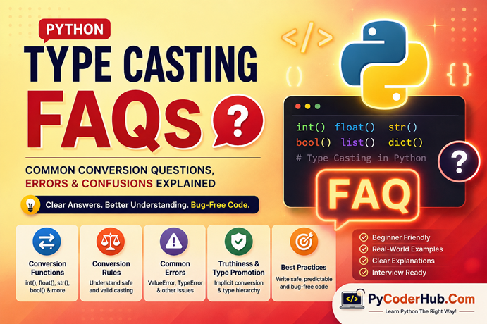 Illustration explaining Python Type Casting FAQs with common conversion questions, errors, truthiness rules, and safe casting examples in Python.
