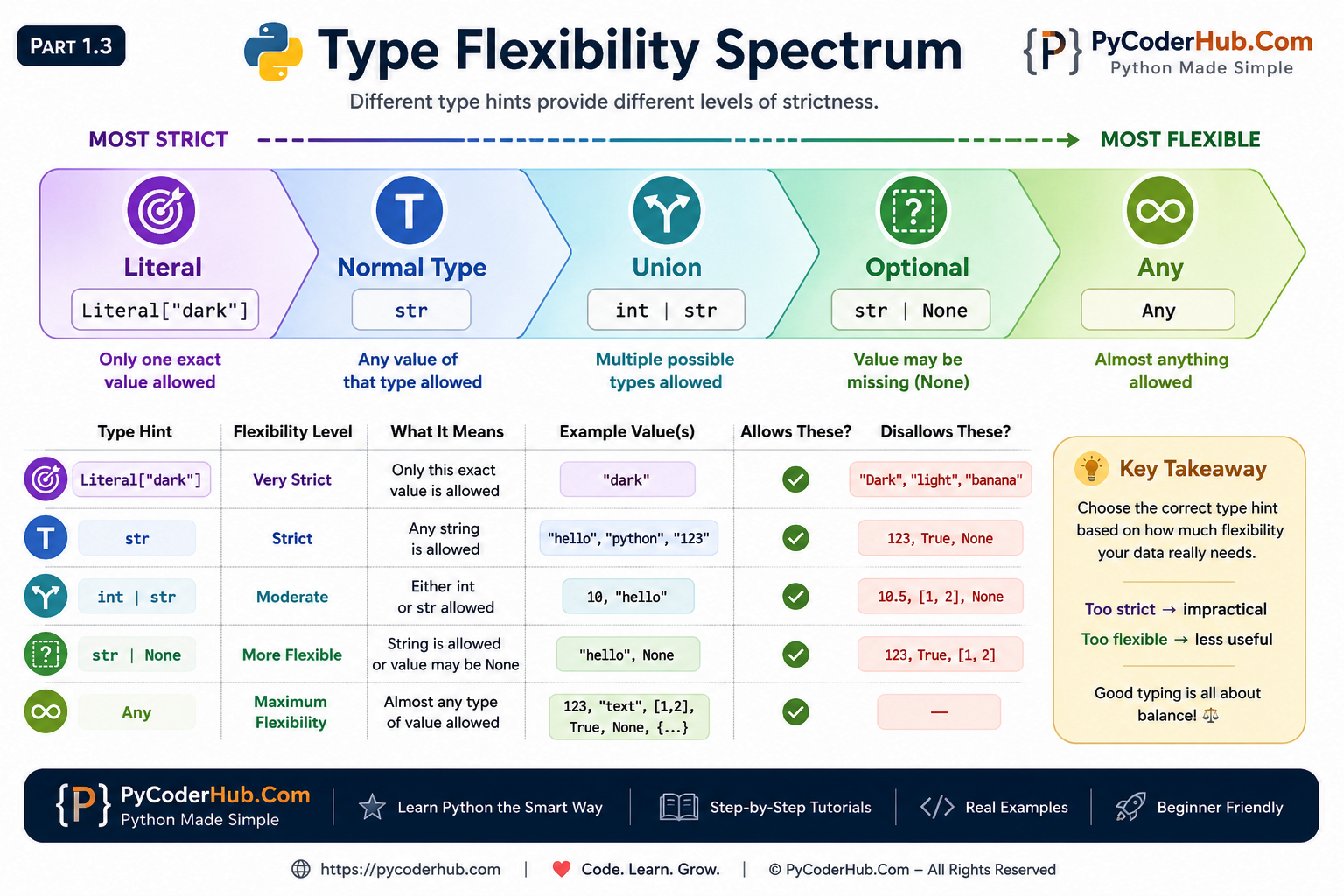 Python Type Flexibility Spectrum infographic showing Literal, Normal Type, Union, Optional, and Any type hints from most strict to most flexible with examples and explanations.