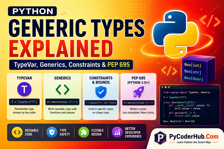 Python Generic Types explained with TypeVar, generic functions, generic classes, constraints, bounds, and PEP 695 syntax.