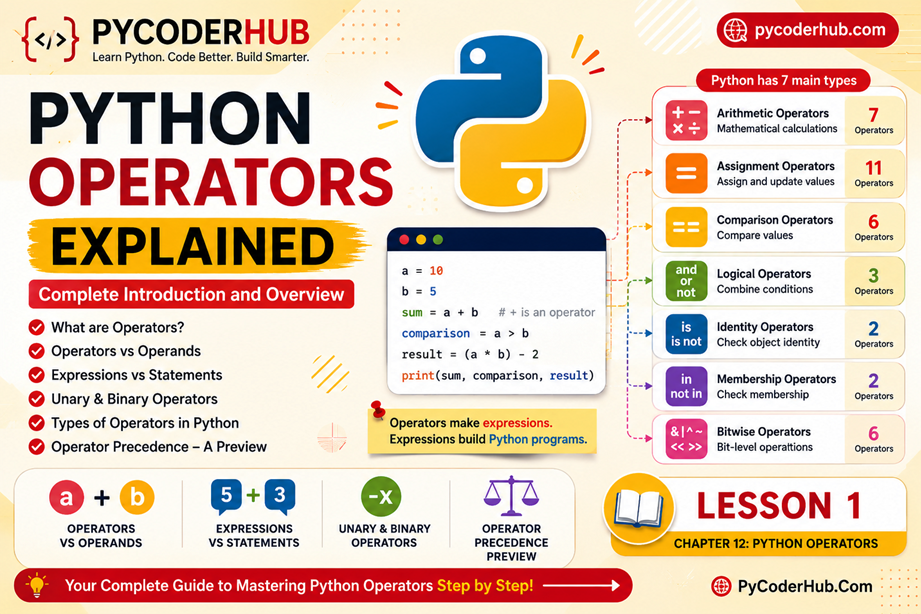 Python Operators Explained feature image showing Python operator categories, operators vs operands, expressions, and operator fundamentals overview.