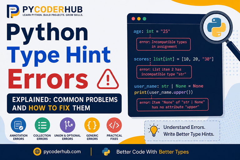 Infographic explaining common Python Type Hint Errors and how to fix annotation, collection, Union, Optional, Literal, Final, and generic typing mistakes
