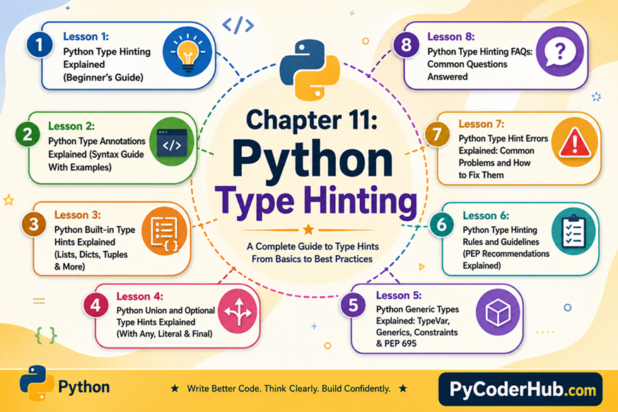 Educational infographic for Chapter 11: Python Type Hinting. The chapter title appears in the center with the Python logo, surrounded by eight lessons covering type hinting fundamentals, annotations, built-in type hints, Union and Optional, generics, type hinting rules, common errors, and FAQs. The lessons are arranged in a colorful roadmap layout with icons and PyCoderHub.com branding.