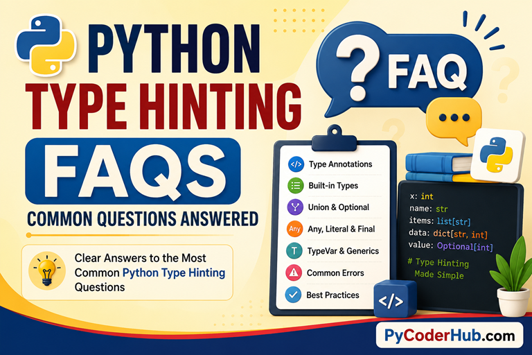 Illustration showing common Python type hinting questions and answers, including annotations, Union, Optional, Any, TypeVar, generics, and typing best practices.