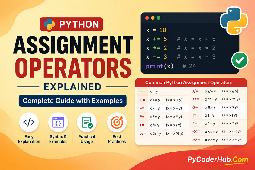 Python Assignment Operators explained with examples showing assignment, shorthand assignment, and augmented assignment operators in Python.