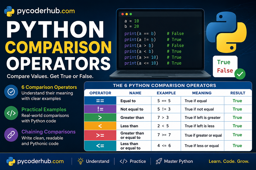 Python Comparison Operators showing the six comparison operators with Boolean True and False examples.